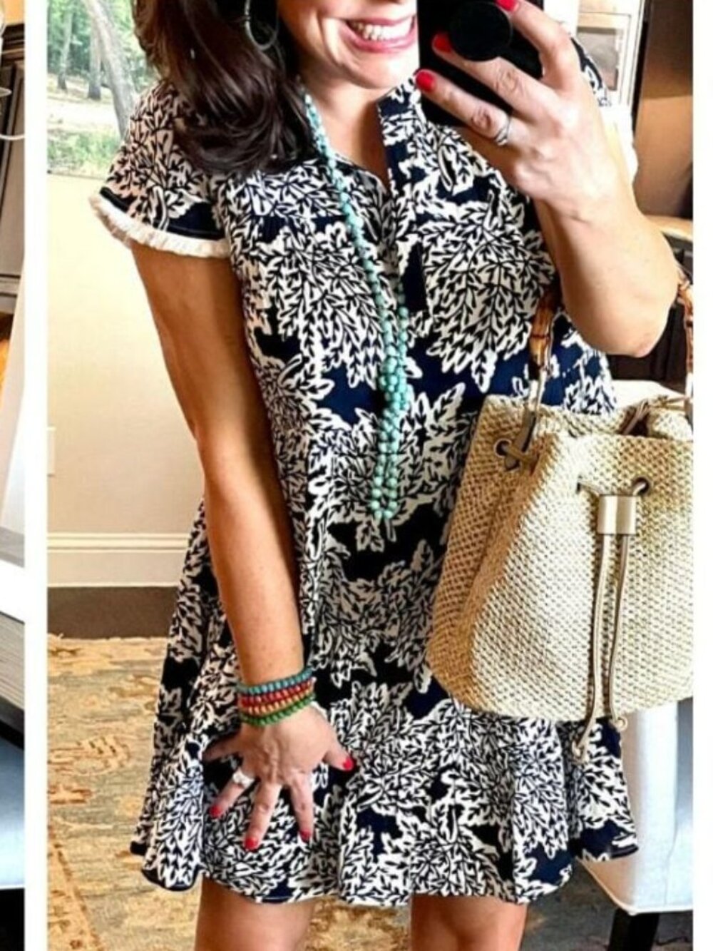 THML Women's Navy White Floral Print Short Sleeve Mini Dress Size Medium
